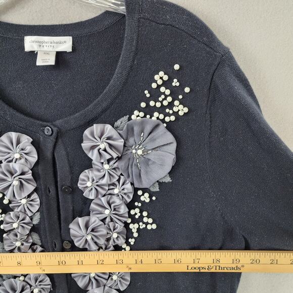 Christopher & Banks Petites Cardigan Floral Appliqué P/XL Beaded Sweater Black - Picture 4 of 9